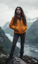 the young woman is standing on the rocks by the lake