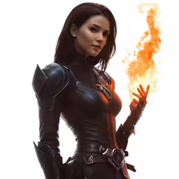a woman wearing a black leather suit holding a flaming