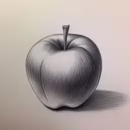 a pencil drawing of an apple sitting in the middle of the table,this is an image of an apple pencil drawing