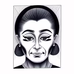 an illustration of a woman in a black and white photo,a portrait of a person wearing earrings,a drawing of a woman with earrings and a headdress,a black and white drawing of a woman with big eyes,an illustration of a woman wearing large earrings