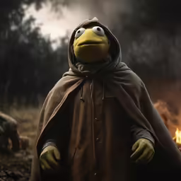 a mascot is dressed in a dark cloak and looking at the camera