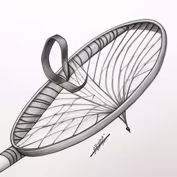 this is a drawing of a tennis racket,a pencil drawing of a badminton racket,an artistic drawing of a long handled tennis racquet,a drawing of a badminton racket and a tennis ball,a drawing of a spoon with a ribbon wrapped around it