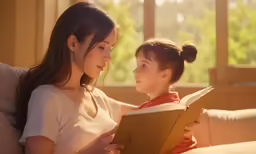 a girl is sitting on a sofa reading a book to a younger girl