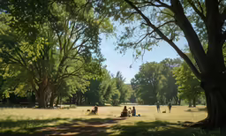 two groups of people sitting in a park bench under large trees