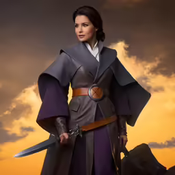 a woman with a sword is standing on a rock