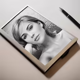 a photograph of a beautiful woman sitting on top of a book