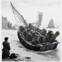 an old photo of some people in a boat