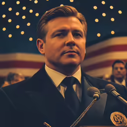a man stands at a microphone while wearing a suit