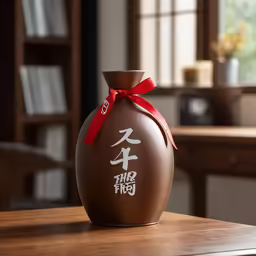 the large vase with red ribbon is decorated with chinese writing