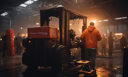 an industrial area with people standing around and machinery inside