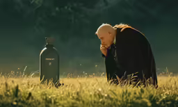 a man kneeling in the grass looking at a propane tank