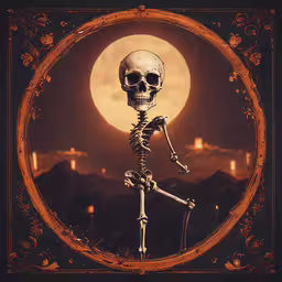 a skeleton standing in front of a full moon,a skeleton dancing against a full moon on the background