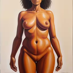 a painting of a naked woman in brown skin,a drawing of a naked black woman with a long black afro hairs