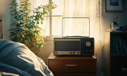 a clock sitting on top of a small radio