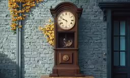 a clock sitting on top of a table against a brick wall