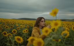 a woman with long hair and a yellow jacket stands among sunflowers