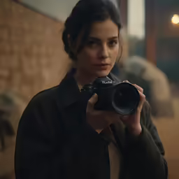 a woman is holding a camera outside at night