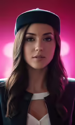 a girl with big breast in a black cap and white top