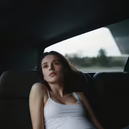 a woman in a car with her belly curled back