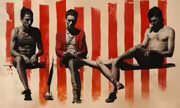 three men sitting on top of a bench next to a us flag