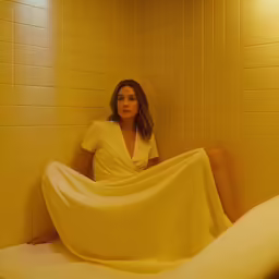 a woman is draped in a towel while sitting on a bed