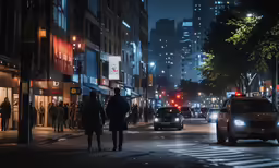 a couple of people walking down a street next to cars