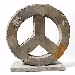 an old, broken concrete peace sign on a small white stand