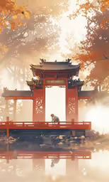 a dog standing at the end of an asian style bridge