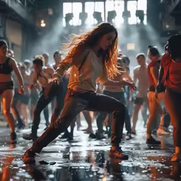 a group of people dance in a room with water coming out of it