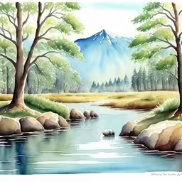 a picture of a mountain with trees and water