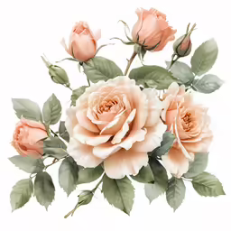 some pink roses with green leaves on a white background