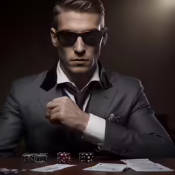 a man sitting at a table in front of some playing cards