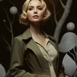 the woman is posing near some trees and balls