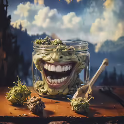a jar with googly mouth has peanuts around it