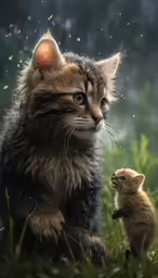 a kitten standing next to a small animal