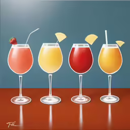 five glasses of alcohol are lined up on a table