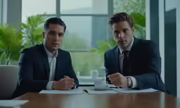 two business men having a discussion at an office desk