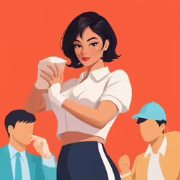 a woman in short skirts holding up a white plate
