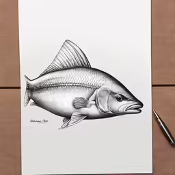 the drawing is of a fish with black, white, and gray accents