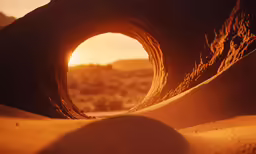 the sun is setting in a very big hole