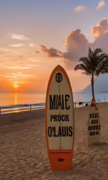 there are two surfboards on the beach at sunset