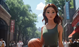 a woman holding a basketball in front of people