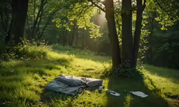 a sheet lies on the grass in a wooded area
