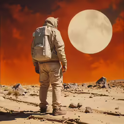 a man with a backpack looking at the moon