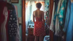 woman standing in front of mirror looking at closet,the young woman is standing in front of her clothes rack