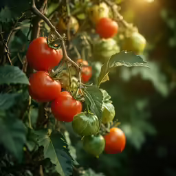 a bunch of ripe tomatoes growing on a branch