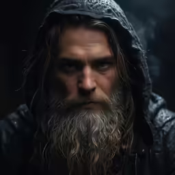 a man with a long beard is wearing a hooded hood
