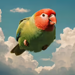 a red and green bird on a cloudless sky