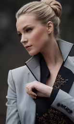 a woman with blonde hair in a low bun