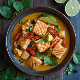 a plate with tofu, peppers and leaves